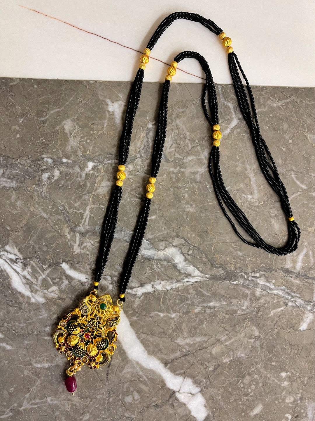 Long Mangalsutra Designs heavy gold mangalsutra with multiple black beads chain Flower thali mangalsutra (41 Inches)