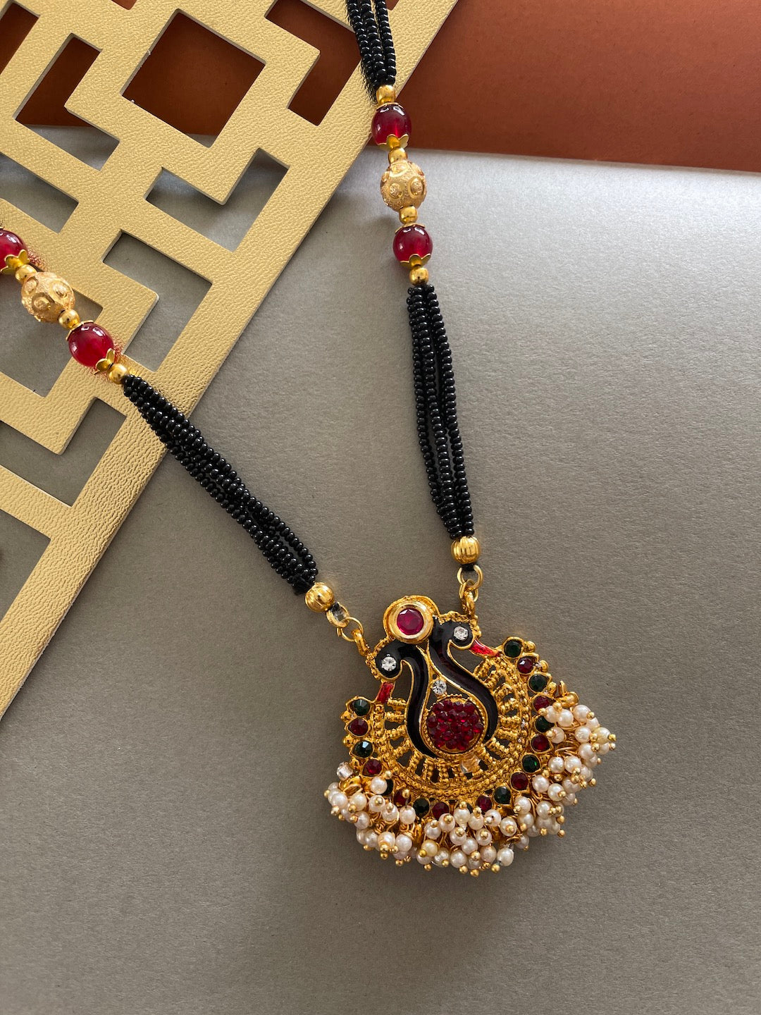 Long Mangalsutra Designs simple gold mangalsutra Peacock Shape Pendant red green black beads chain