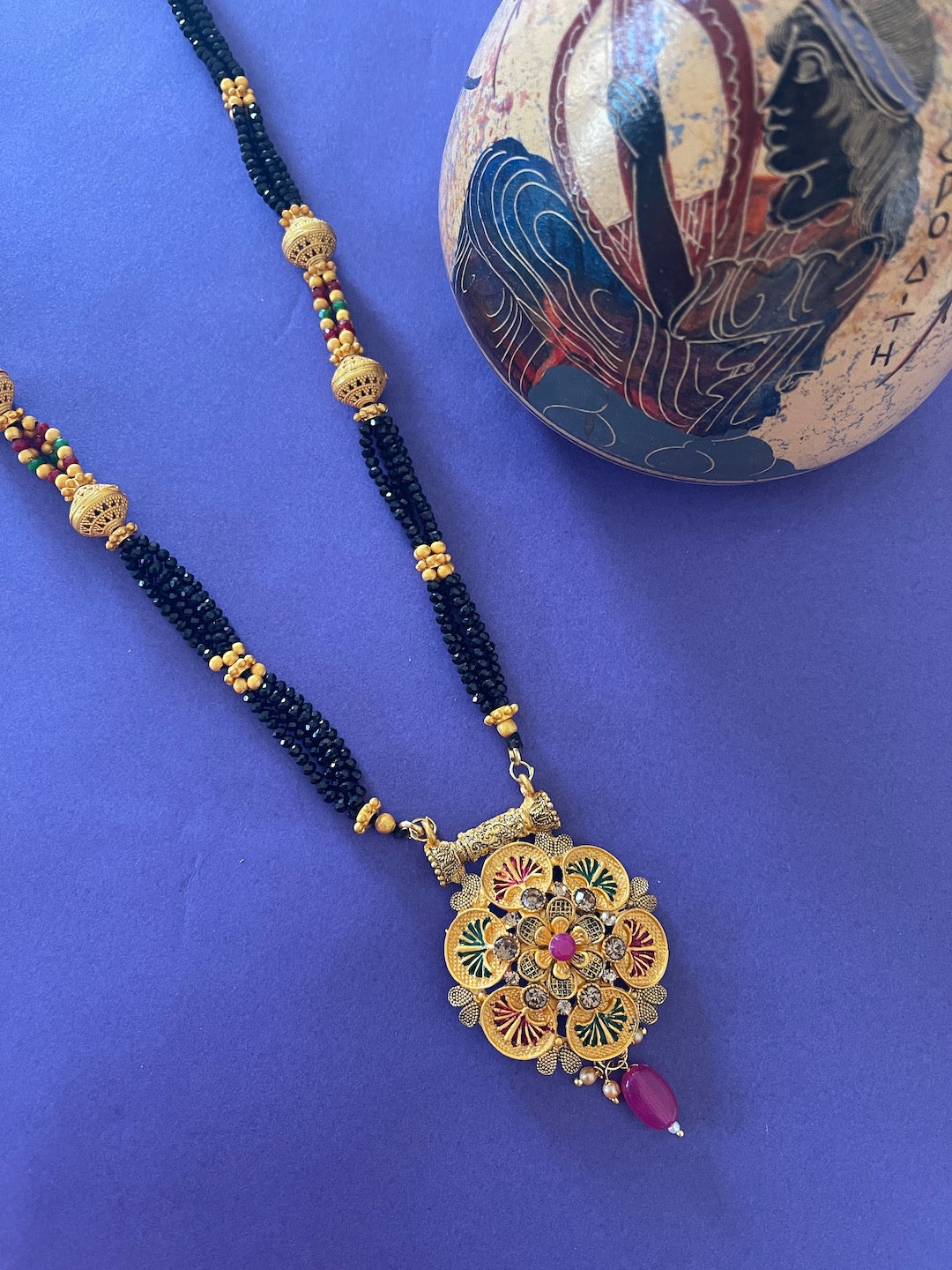 Traditional Long Gold Mangalsutra Designs Flower Pendant Crystal Red Green Black Beads Chain