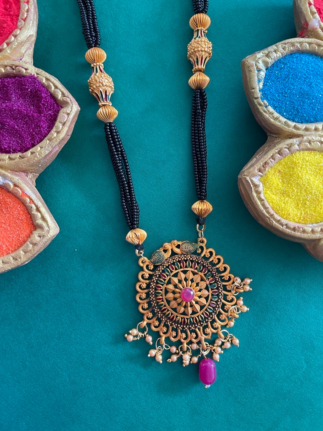 Trendy Heavy Long Mangalsutra Designs Flower Pendant With Laktan Multi Layered Black Beads Chain