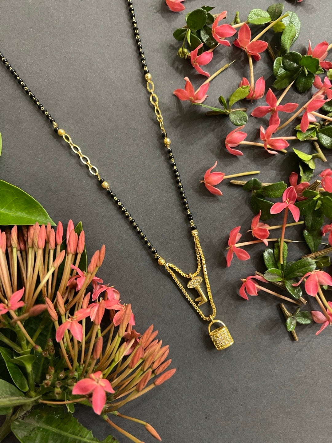 Modern Stylish Short Mangalsutra Designs Double Layer With Lock Key Pendant Black Beads Chain