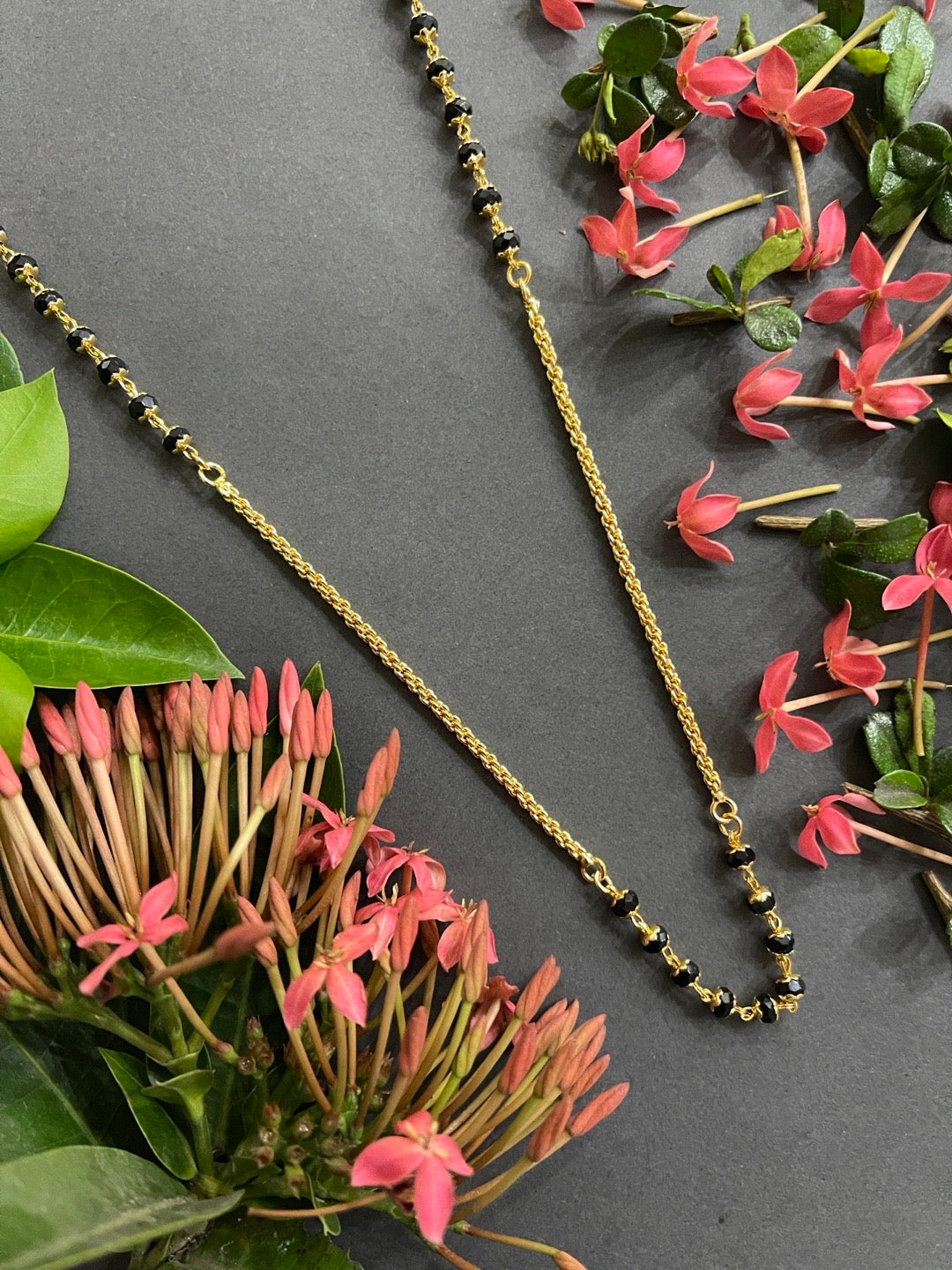 Traditional South Indian Long Mangalsutra Designs Simple Crystal Black Beads Gold Chain