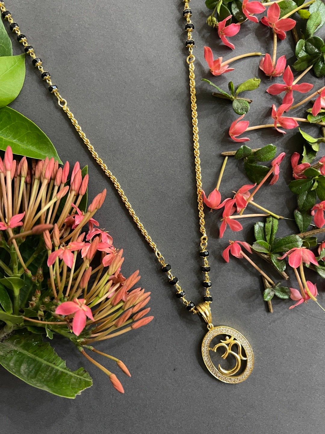 Modern Simple Trendy Long Mangalsutra Designs American Diamond Om Pendant Crystal Black Beads Gold Chain