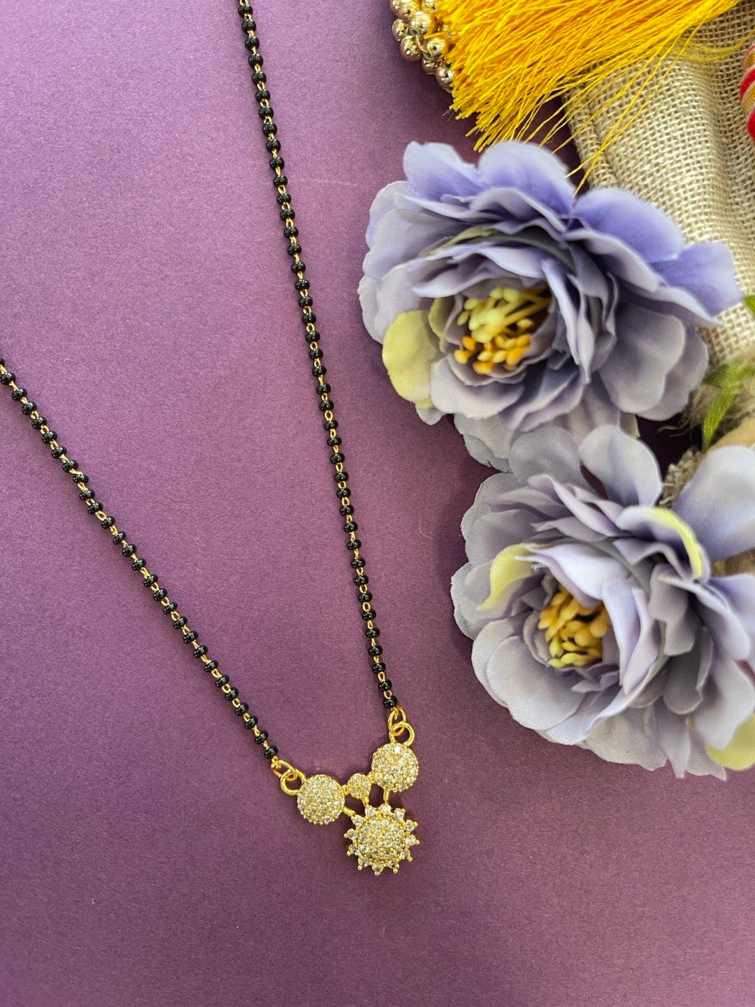 American Diamond Short Mangalsutra Designs Fancy Flower Pendant Simple Black Beads Chain