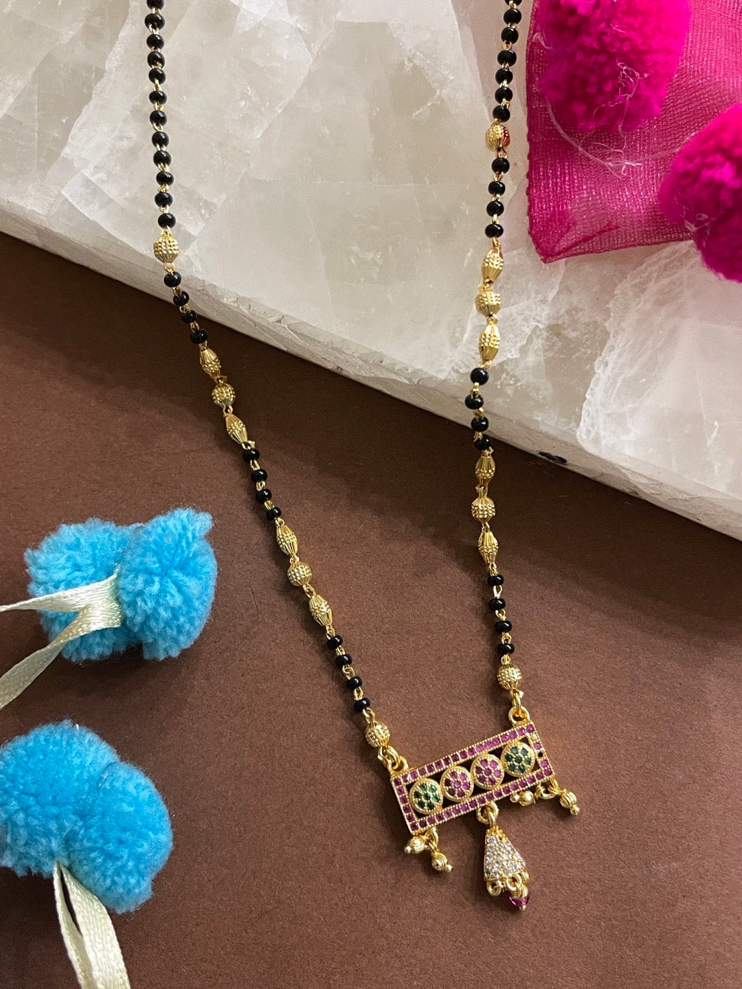 Short Mangalsutra American Diamond Flower Pendant