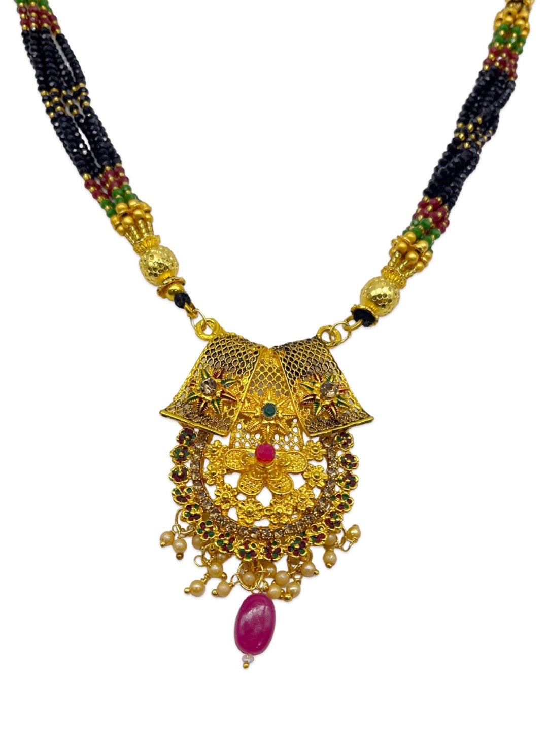Long Mangalsutra Heavy Pendant 6 Line Crystal Black Beads Mala
