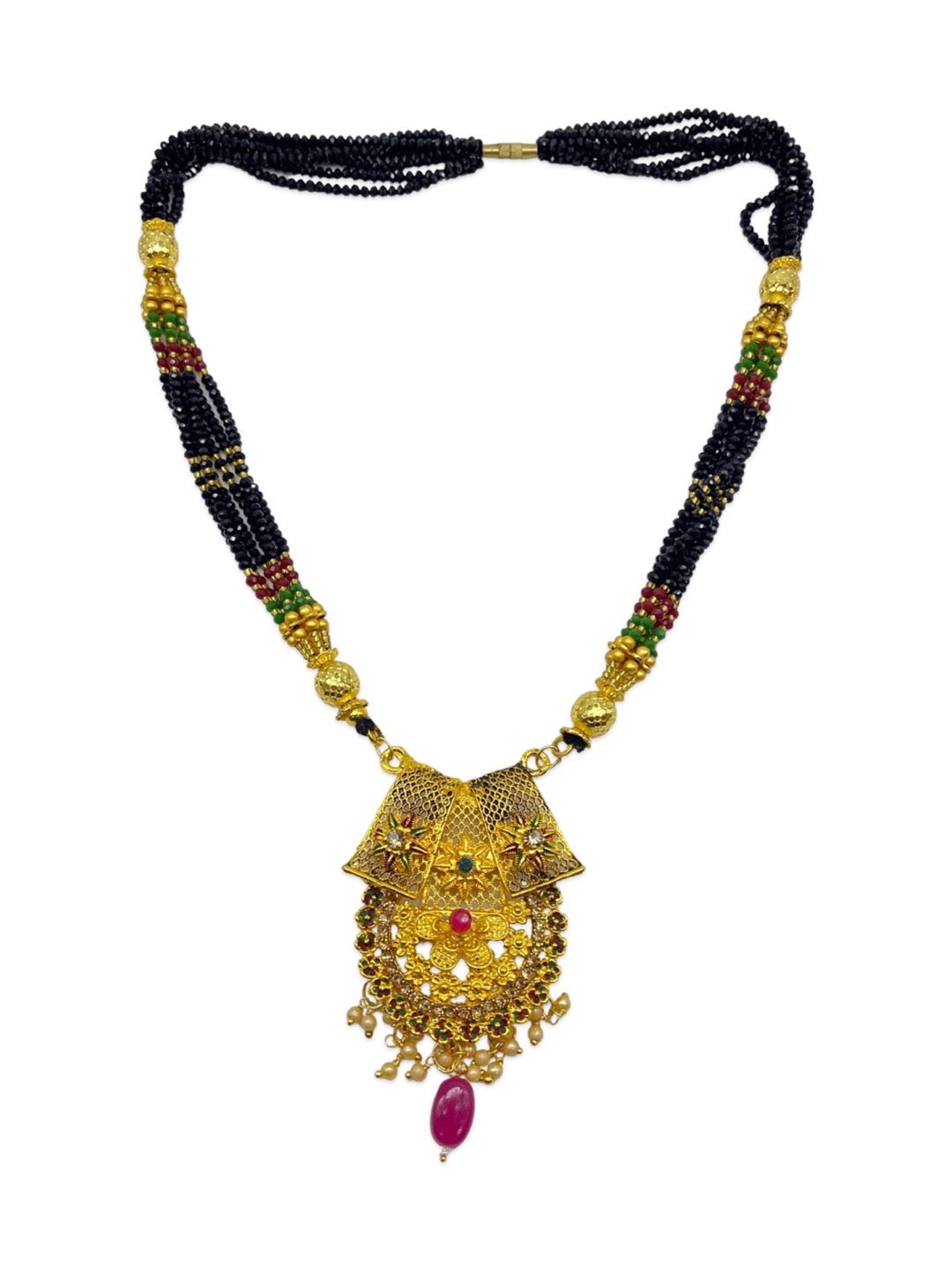 Long Mangalsutra Heavy Pendant 6 Line Crystal Black Beads Mala