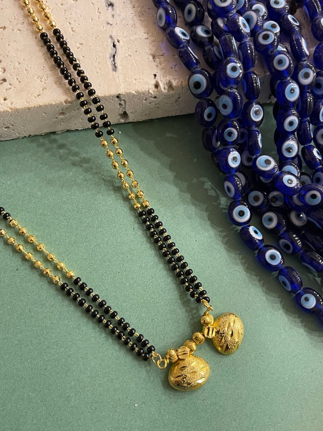 Long Mangalsutra Vati Pendant Line Gold Black Beads Chain