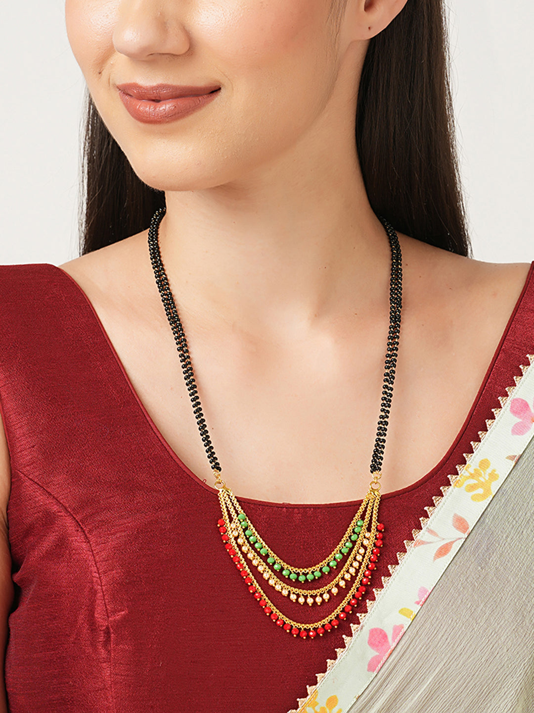 Gold Plated Long Mangalsutra Designs Fancy Multicolor Black Beads Chain Latest Unique Designs