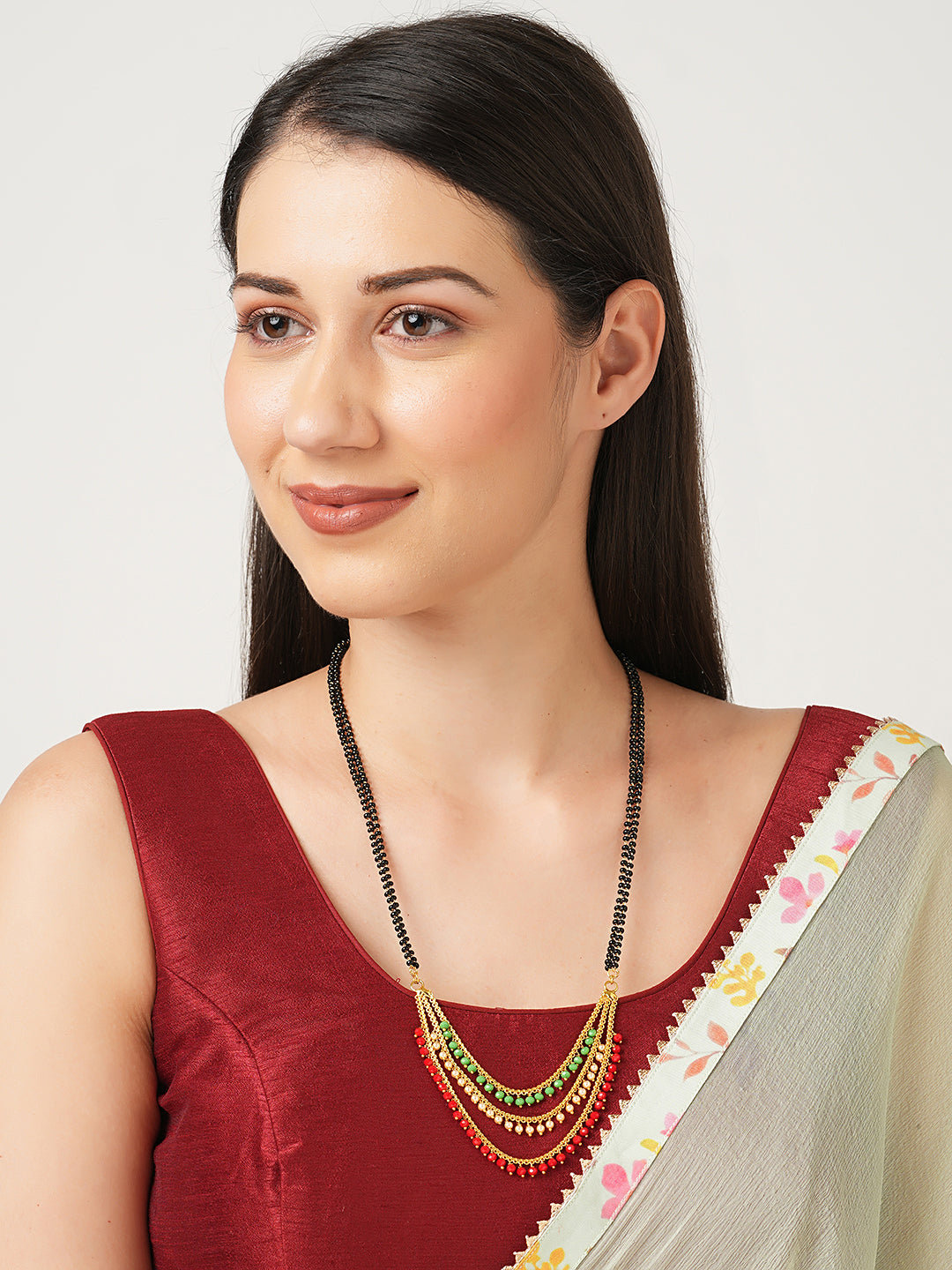 Gold Plated Long Mangalsutra Designs Fancy Multicolor Black Beads Chain Latest Unique Designs