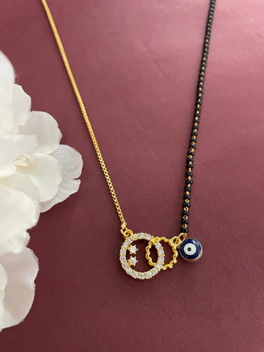 Gold Plated Modern Short Mangalsutra With AD Pendent & Dark Blue Evil Eye Charm