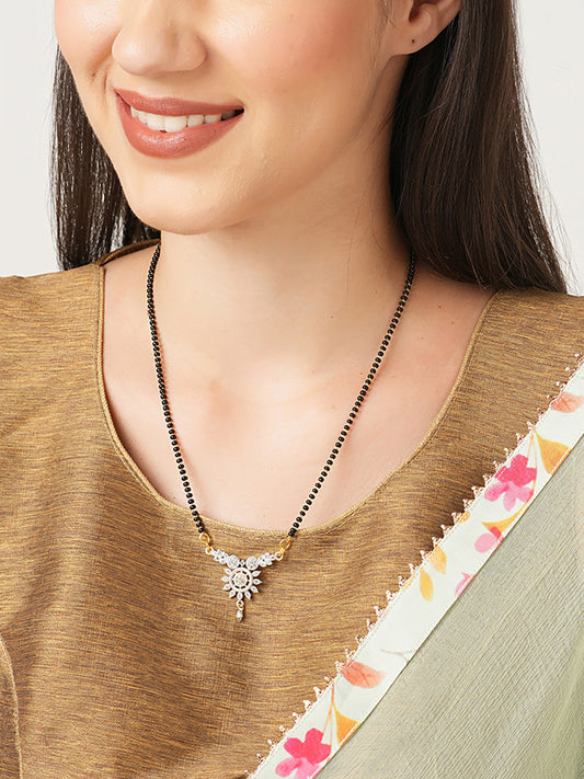 Gold Plated Short Mangalsutra Designs American Diamond Flower Design Black Beads Chain Latest Unique Designs
