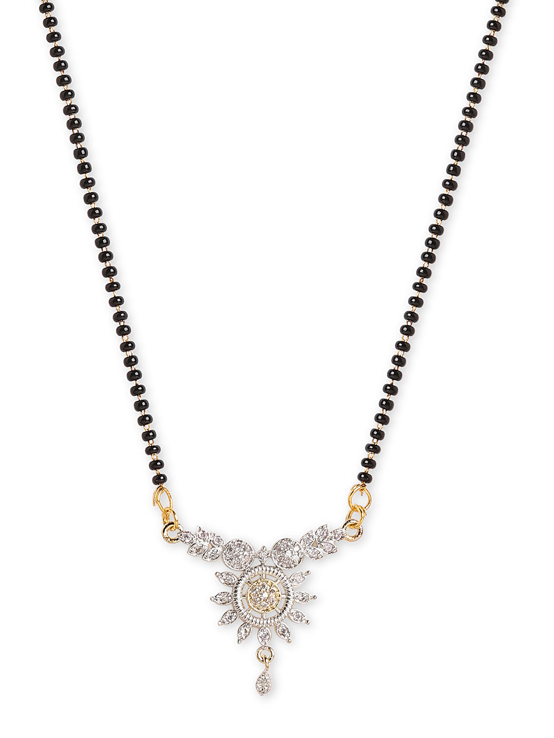 Gold Plated Short Mangalsutra Designs AD Flower Design Black Beads Chain Latest Unique Designs