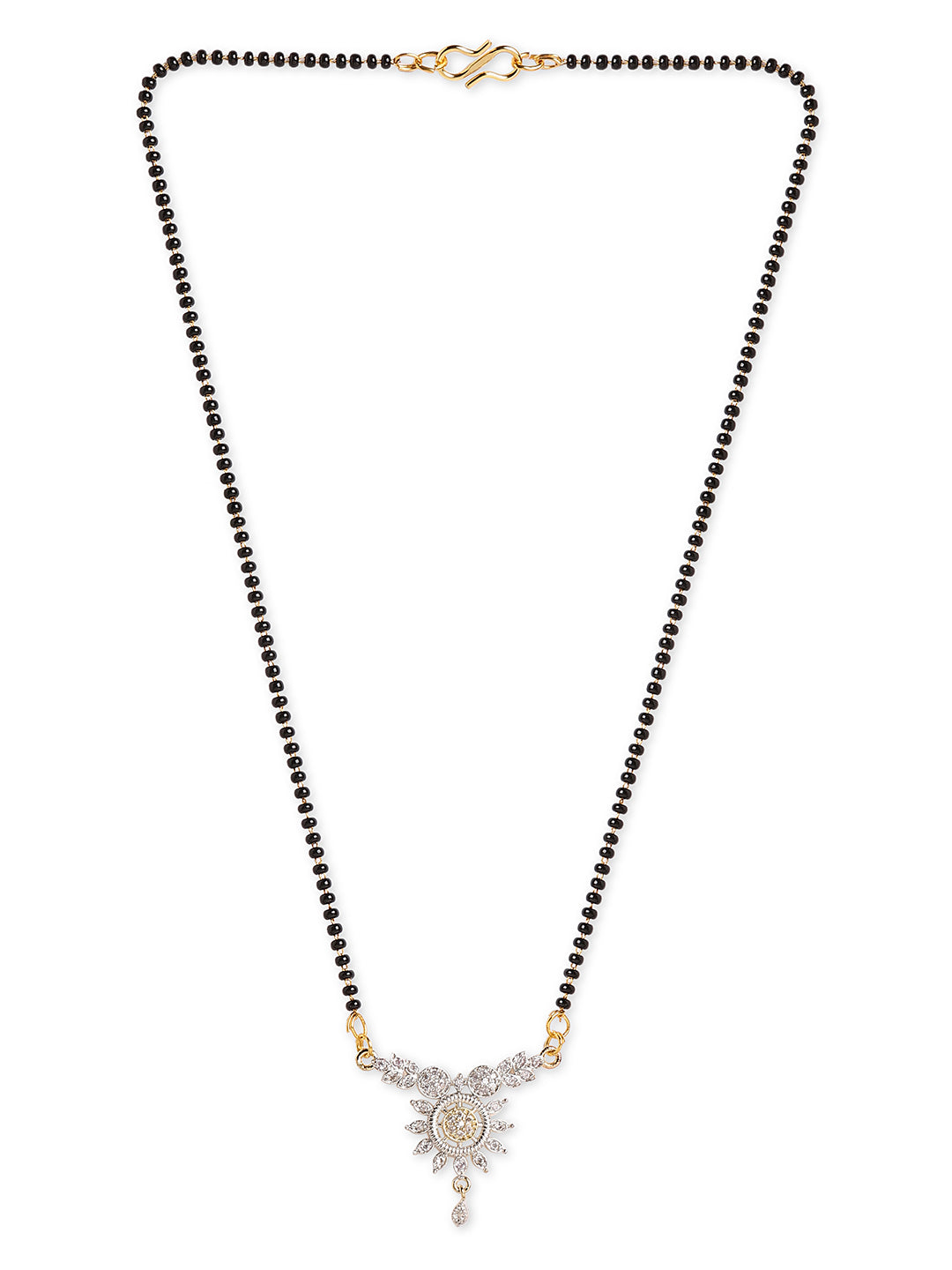 Gold Plated Short Mangalsutra Designs AD Flower Design Black Beads Chain Latest Unique Designs
