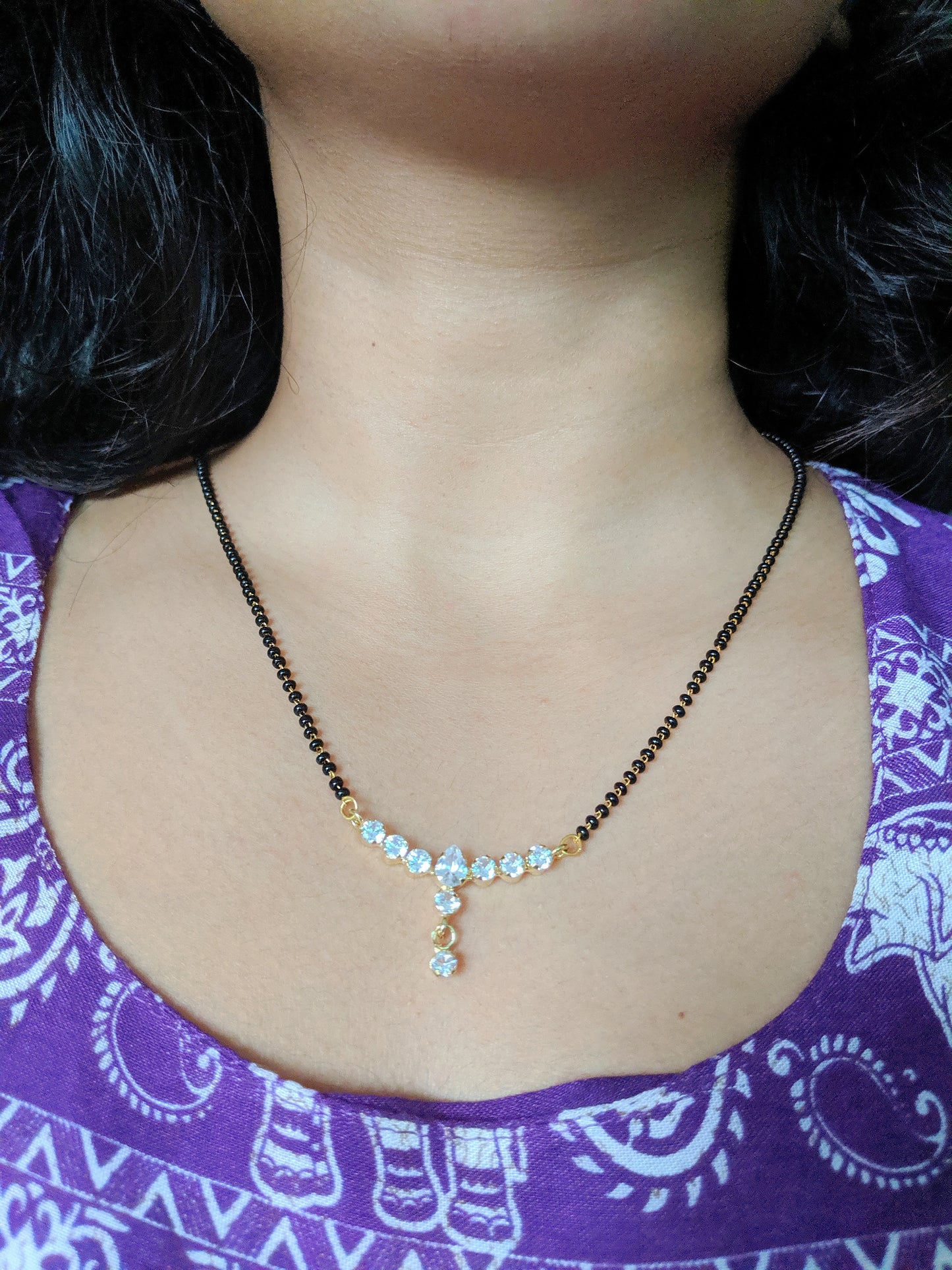 Digital Dress Room Short Mangalsutra Designs Gold Plated Latest American Diamond 6 Round Stone Pendant Lankan Mangalsutra