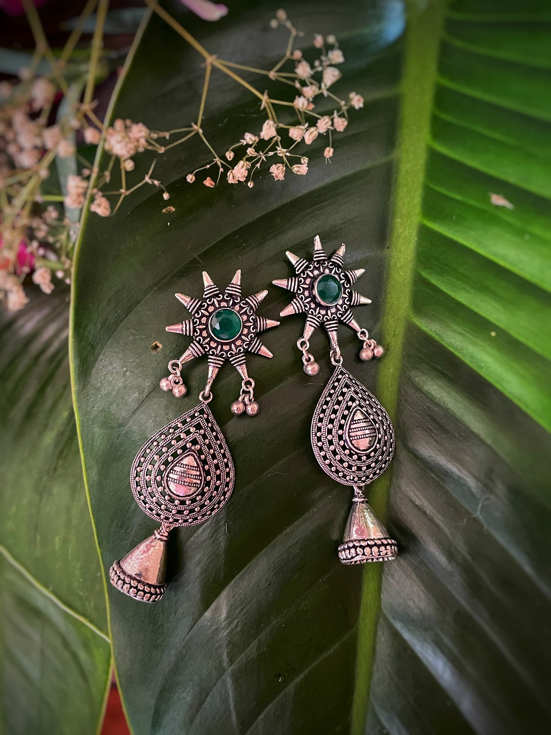 German Oxidized Silver Earrings Antique Look Ethnic Art Stones Studded Danglers