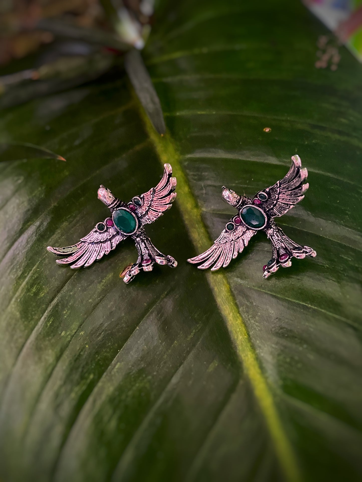 German Silver Oxidized Earrings Birds Design Engraved Red/Green stone studded Danglers