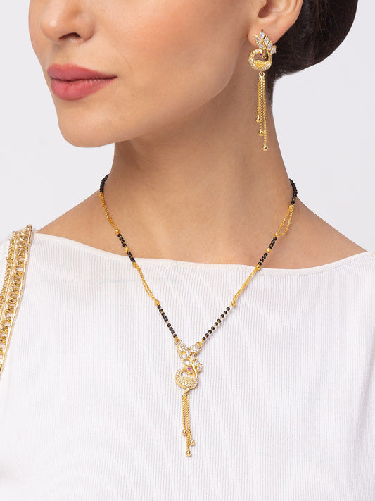 Digital Dress Room Digital Dress Room Diamond Gold Plated Short Mangalsutra set with Earrings मंगलसूत्र Latest Design/Cz Solitaire/Black Beads Chain Pikok Shape Pendant New Mangalsutra Designs For Women (23 Inches)