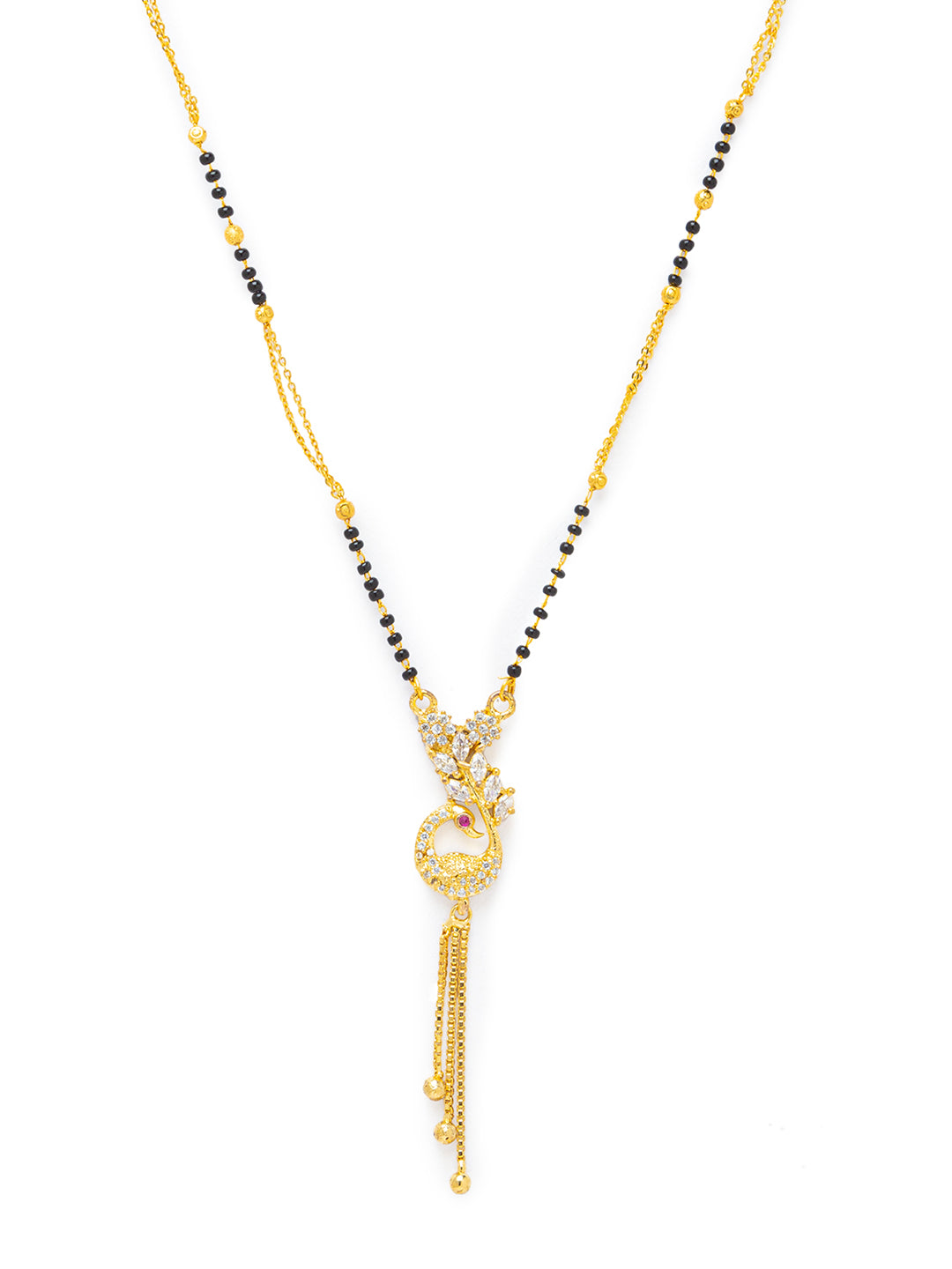 Digital Dress Room Digital Dress Room Diamond Gold Plated Short Mangalsutra set with Earrings मंगलसूत्र Latest Design/Cz Solitaire/Black Beads Chain Pikok Shape Pendant New Mangalsutra Designs For Women (23 Inches)