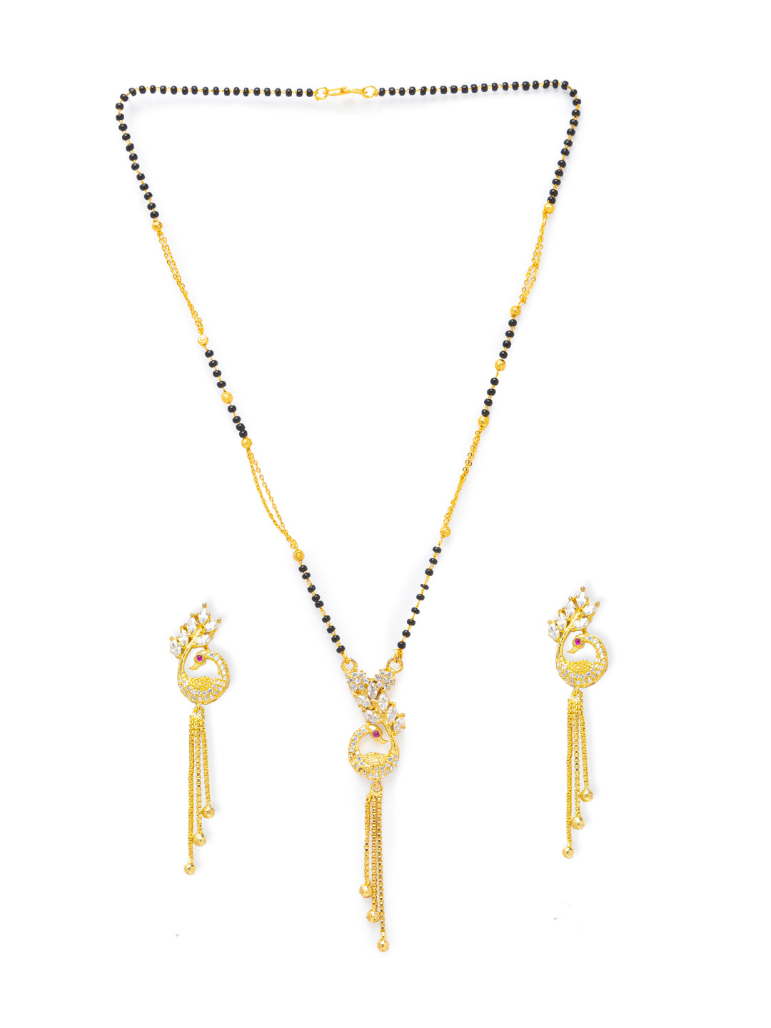 Digital Dress Room Digital Dress Room Diamond Gold Plated Short Mangalsutra set with Earrings मंगलसूत्र Latest Design/Cz Solitaire/Black Beads Chain Pikok Shape Pendant New Mangalsutra Designs For Women (23 Inches)