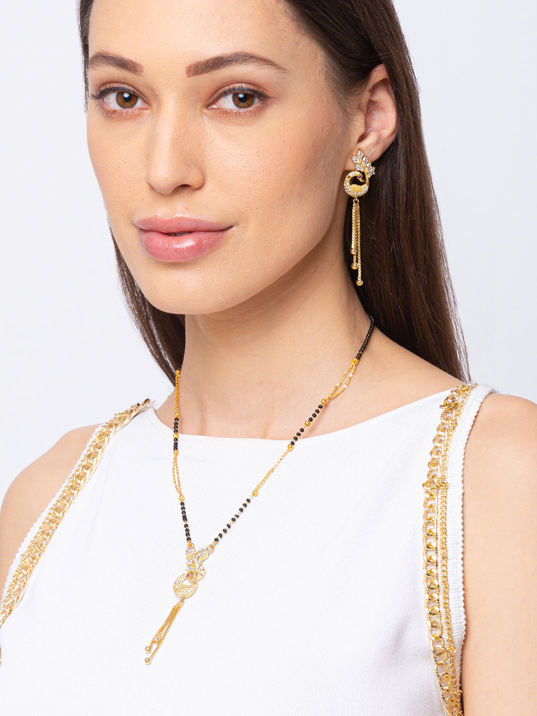 Digital Dress Room Digital Dress Room Diamond Gold Plated Short Mangalsutra set with Earrings मंगलसूत्र Latest Design/Cz Solitaire/Black Beads Chain Pikok Shape Pendant New Mangalsutra Designs For Women (23 Inches)