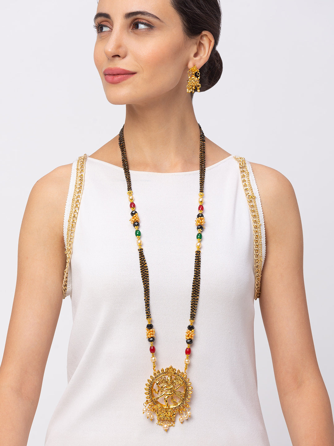 Digital Dress Room Digital Dress Room One Gram Gold Plated Maharashtrian Long Mangalsutra set with Earrings मंगलसूत्र Tanmaniya/Long Gold Chain/Black Beads Nataraja Pendant New Mangalsutra Designs For Women (43 Inches)