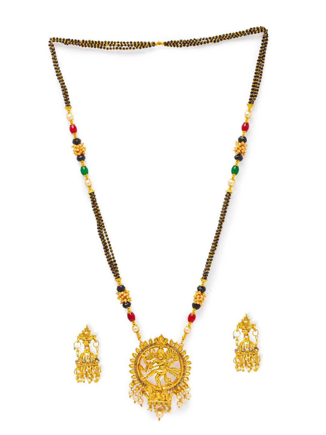 Digital Dress Room Digital Dress Room One Gram Gold Plated Maharashtrian Long Mangalsutra set with Earrings मंगलसूत्र Tanmaniya/Long Gold Chain/Black Beads Nataraja Pendant New Mangalsutra Designs For Women (43 Inches)