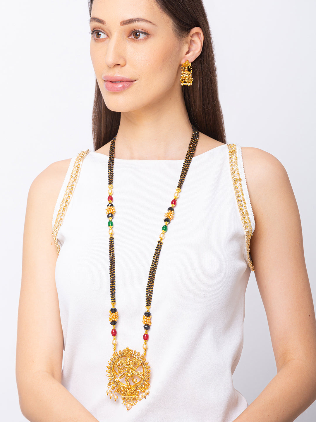 Digital Dress Room Digital Dress Room One Gram Gold Plated Maharashtrian Long Mangalsutra set with Earrings मंगलसूत्र Tanmaniya/Long Gold Chain/Black Beads Nataraja Pendant New Mangalsutra Designs For Women (43 Inches)