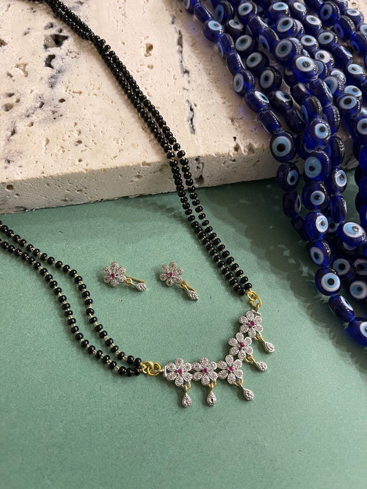 Flower Pendant American Diamond Short Mangalsutra Set With Earrings