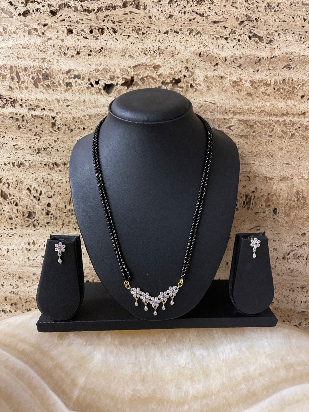 Flower Pendant American Diamond Short Mangalsutra Set With Earrings