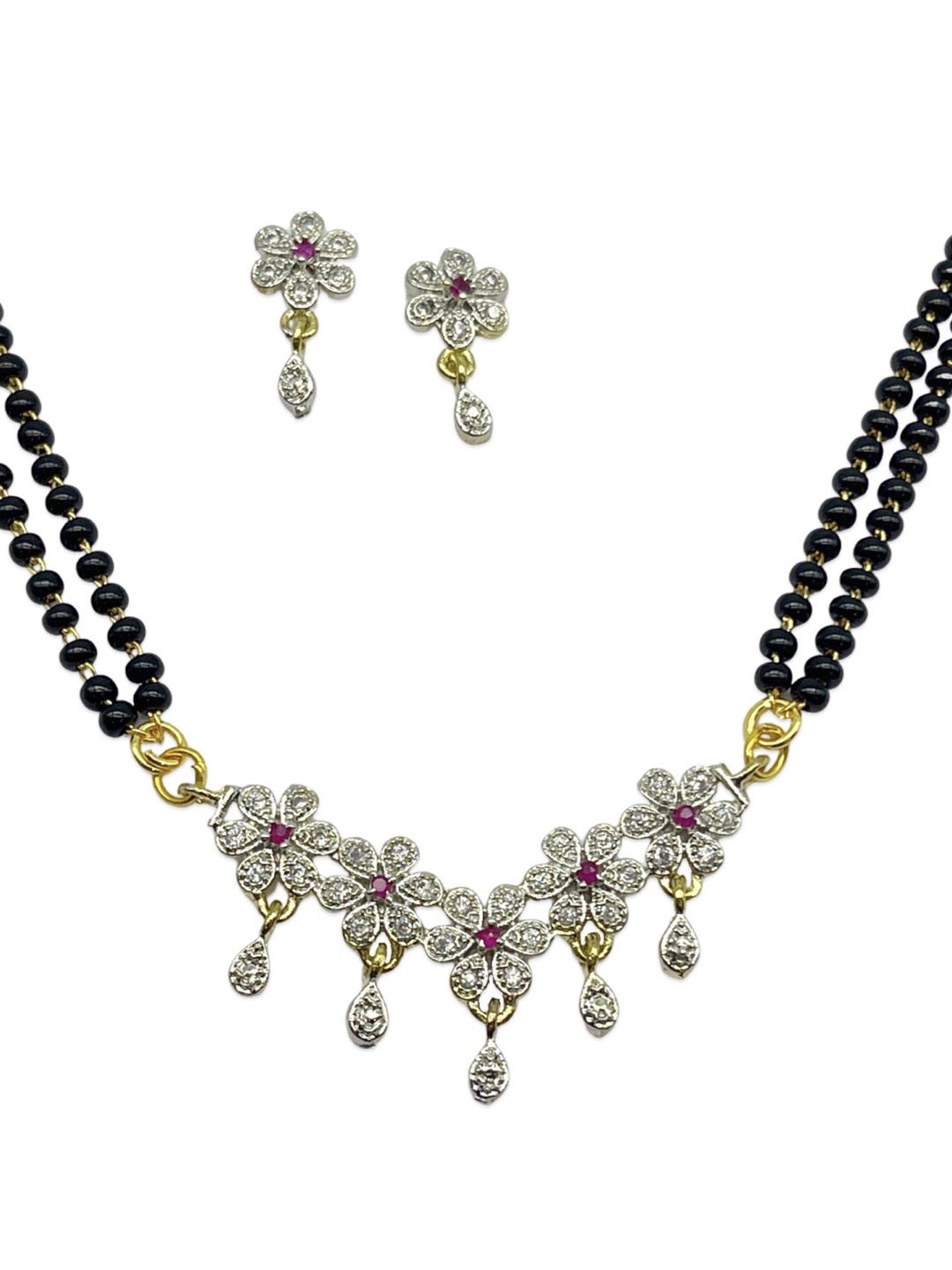 Flower Pendant American Diamond Short Mangalsutra Set With Earrings