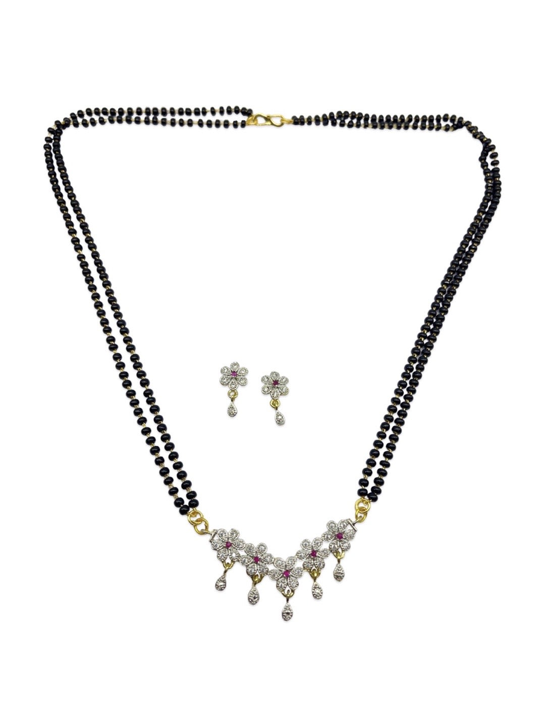 Flower Pendant American Diamond Short Mangalsutra Set With Earrings
