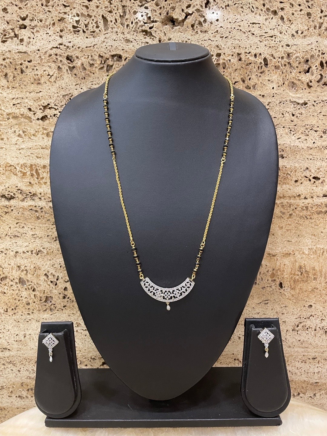 Gold Plated Long Mangalsutra With Earring Set Fancy American Diamond Pendant Design