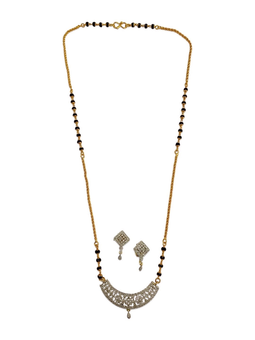 Gold Plated Long Mangalsutra With Earring Set Fancy AD Pendant Design