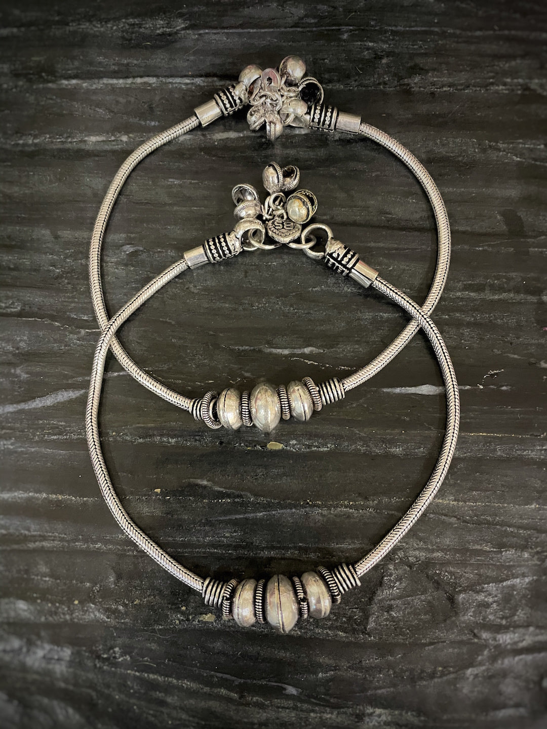 German Oxidised Silver Anklets Maharashtrian Payal Silver Plating Big Beads with Ghungroo Paijan