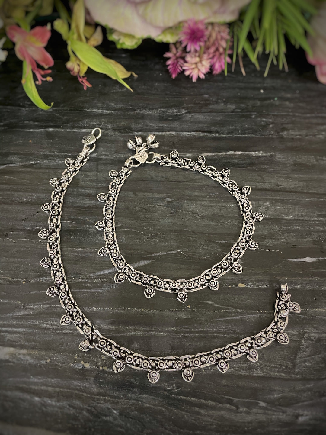 German Oxidised Silver Anklets Floral/Heart Shape Design Payal Silver Plating Ghungroo Foot Jewellery