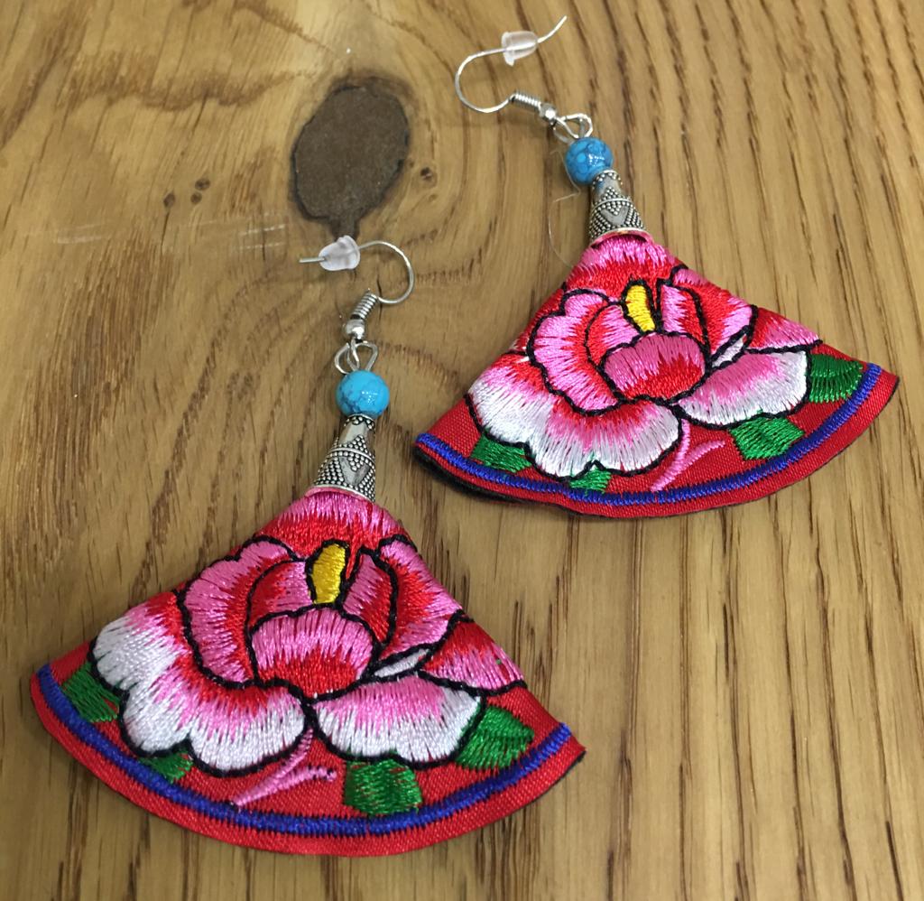 Silver Oxidized Earring with Multicolored Embroidered Floral & Beads Alloy Hook Earrings