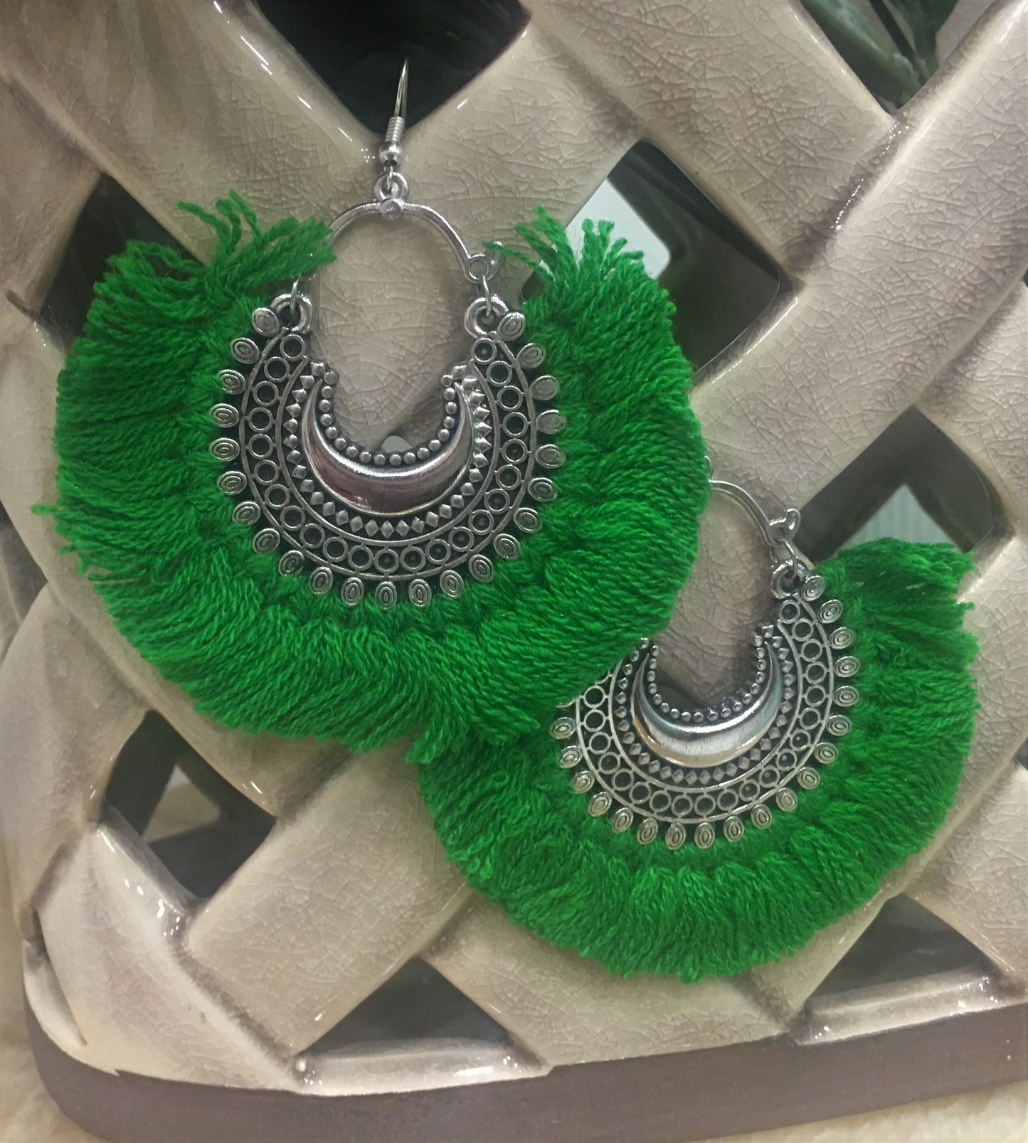 Navratri Earring Traditional Ethnic lightweight Antique Metal Kashmir Tribal German Oxidized Afghani Bohemian Green Tassel Dangle Chand Earrings Silver Chandbali for Women Girls