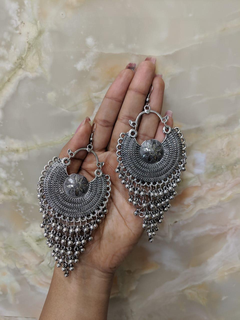 German Oxidized Afghani Silver Chand Earring Ghungroo Chandbali