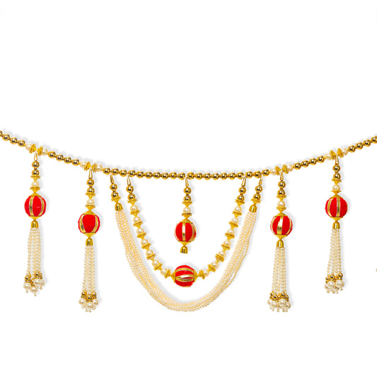 Digital Dress Room Toran For Door Hangings Diwali Decoration Fancy Golden Pearl with Red Pom Pom Balls