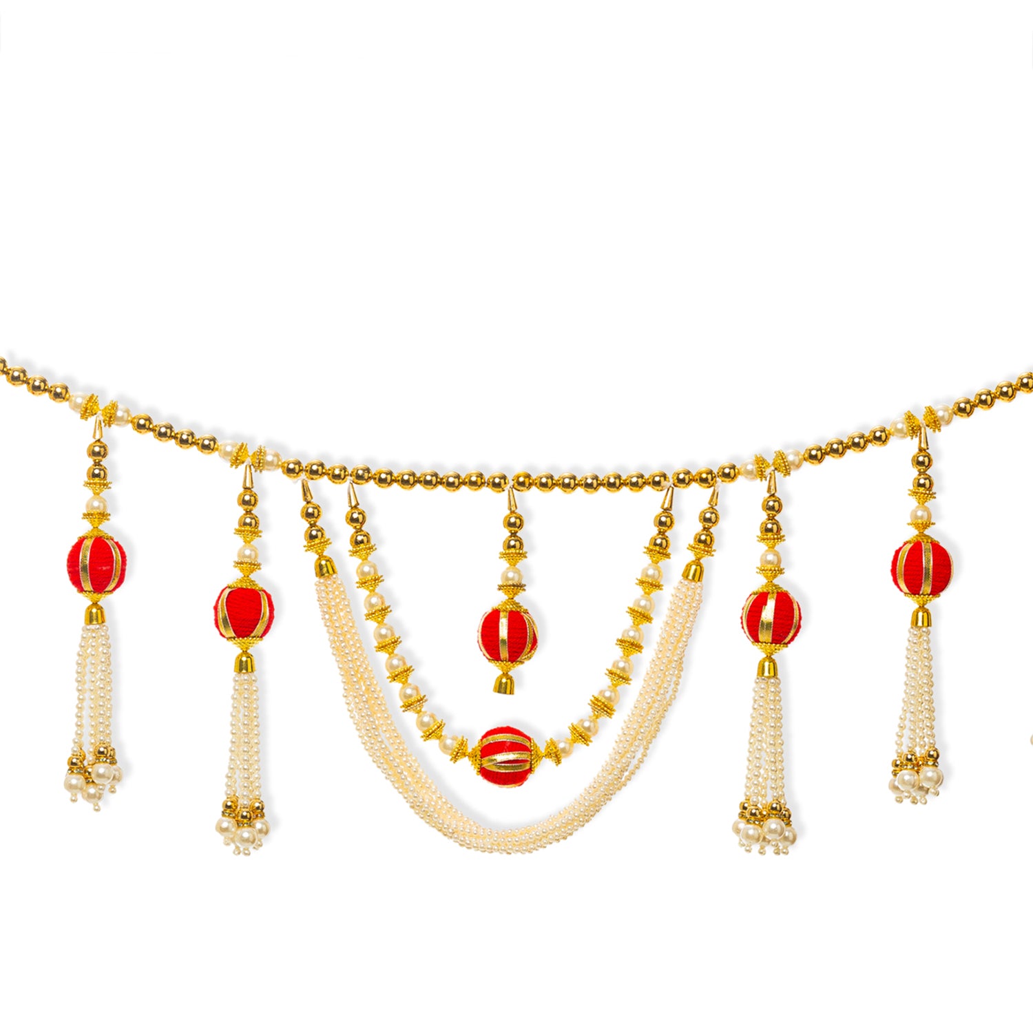 Toran For Door Hangings Diwali Decoration Fancy Golden Pearl with Red Pom Pom Balls