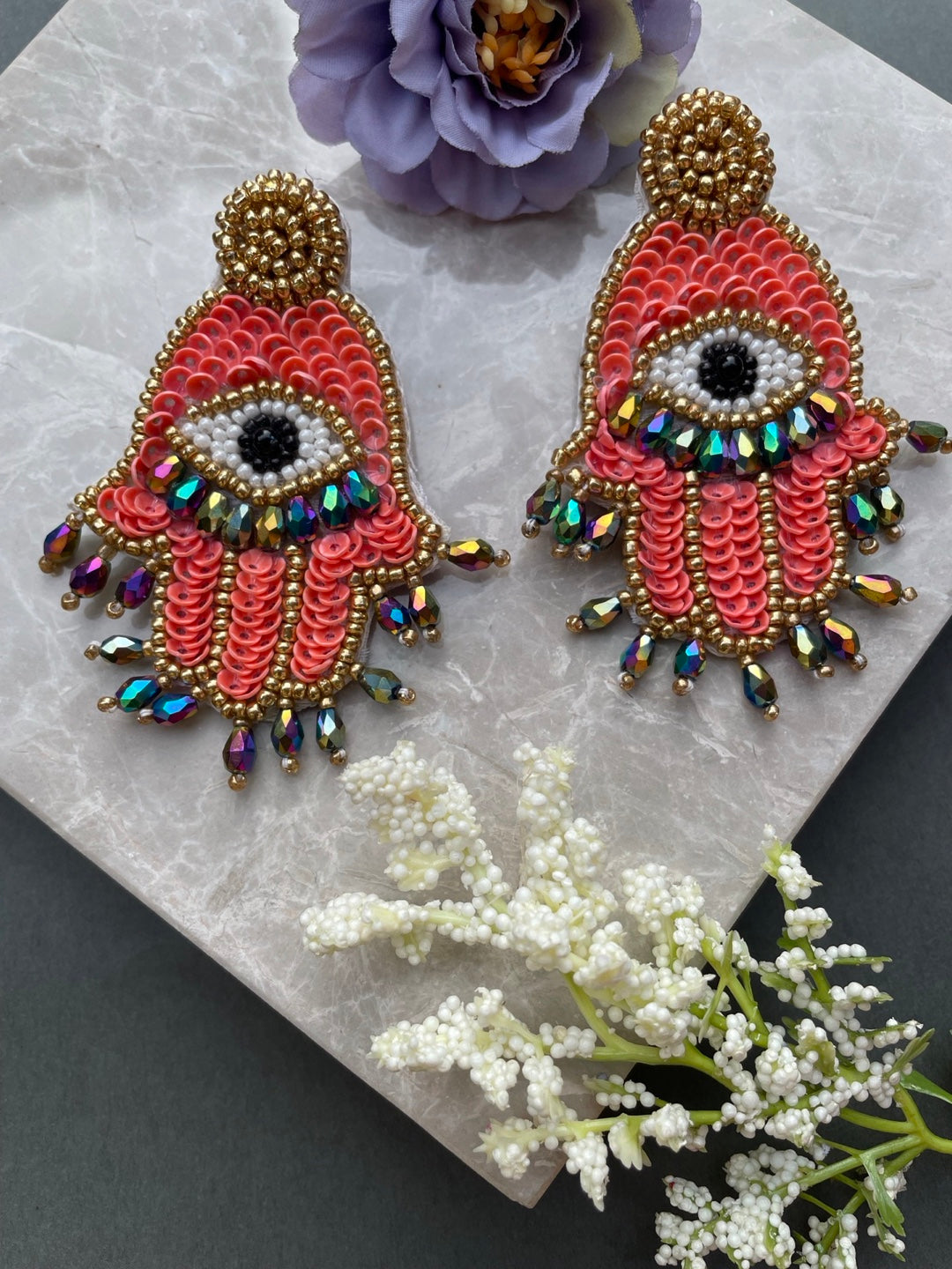Colourful Beaded Hamsa Evil Eye Dangle Earring