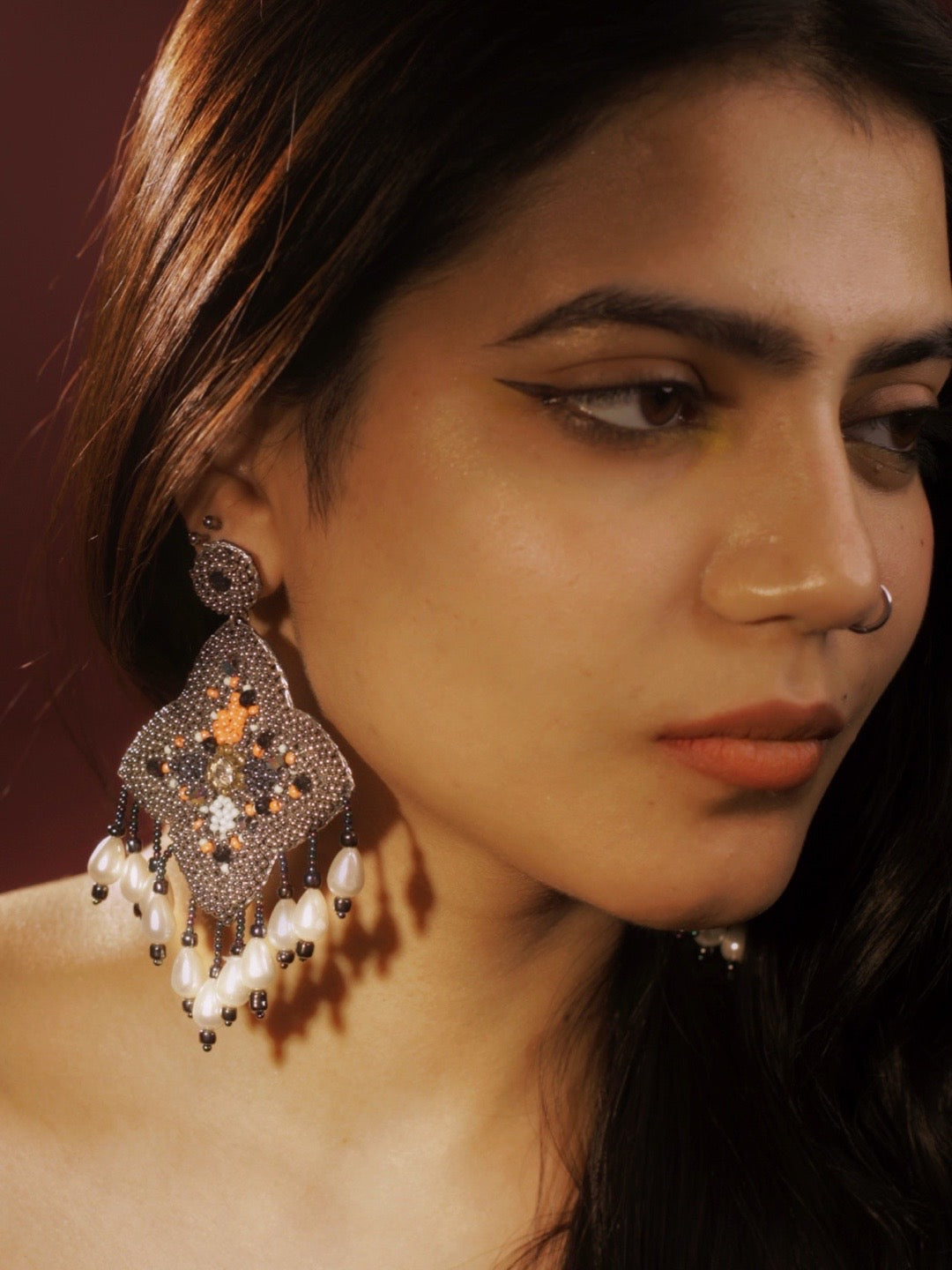 Colourful Beaded Flower Dangler Earring With Pearls