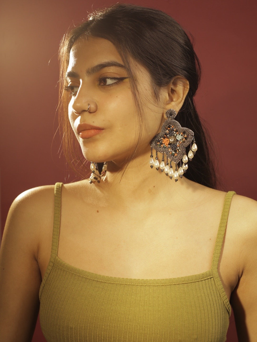 Colourful Beaded Flower Dangler Earring With Pearls