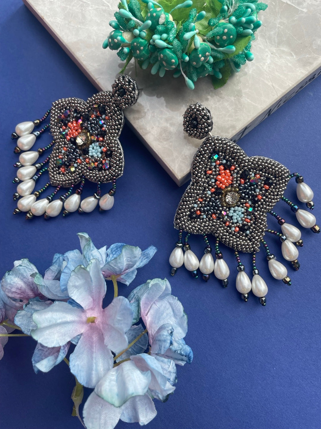 Colourful Beaded Flower Dangler Earring With Pearls