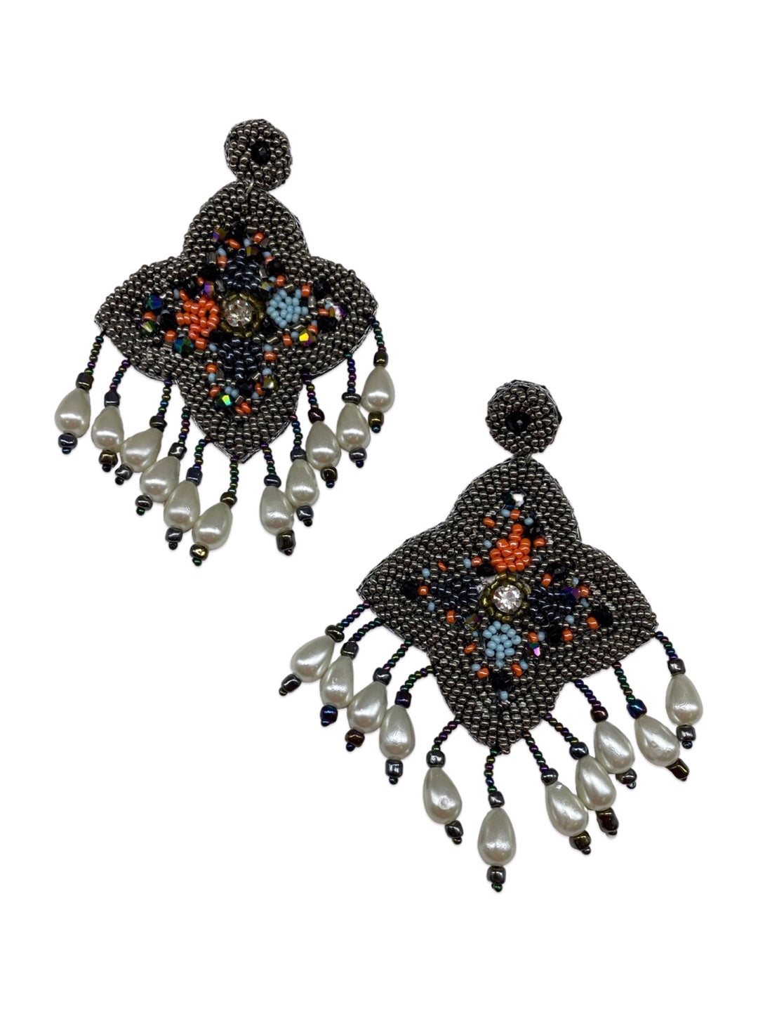 Colourful Beaded Flower Dangler Earring With Pearls