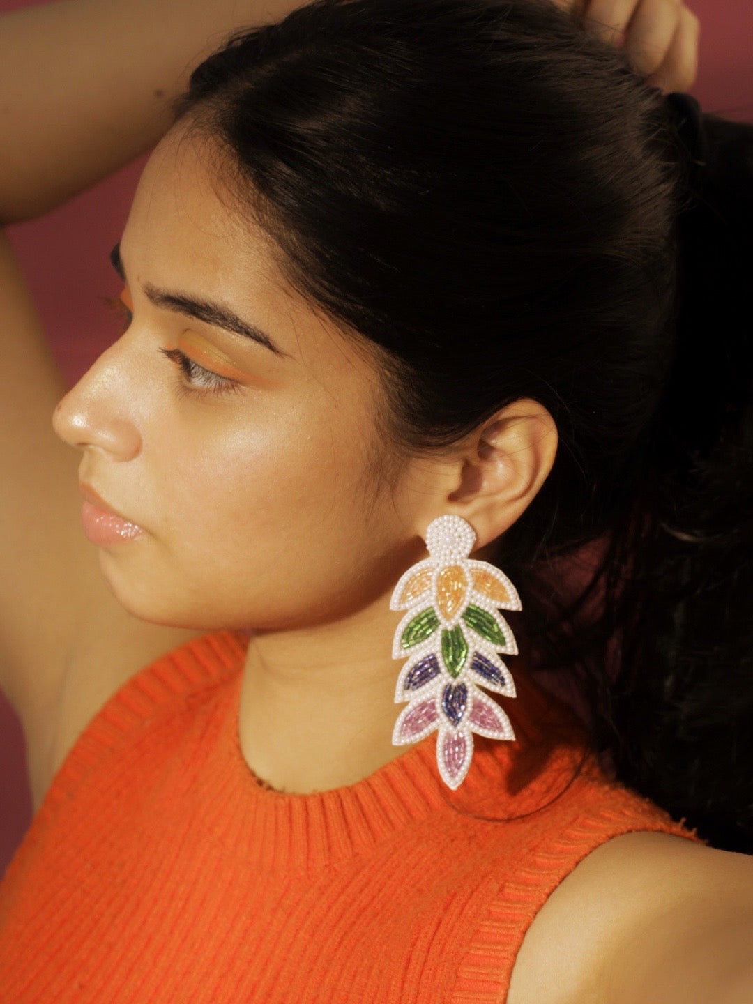 Colourful Beaded Leaf Flower Dangler Earring