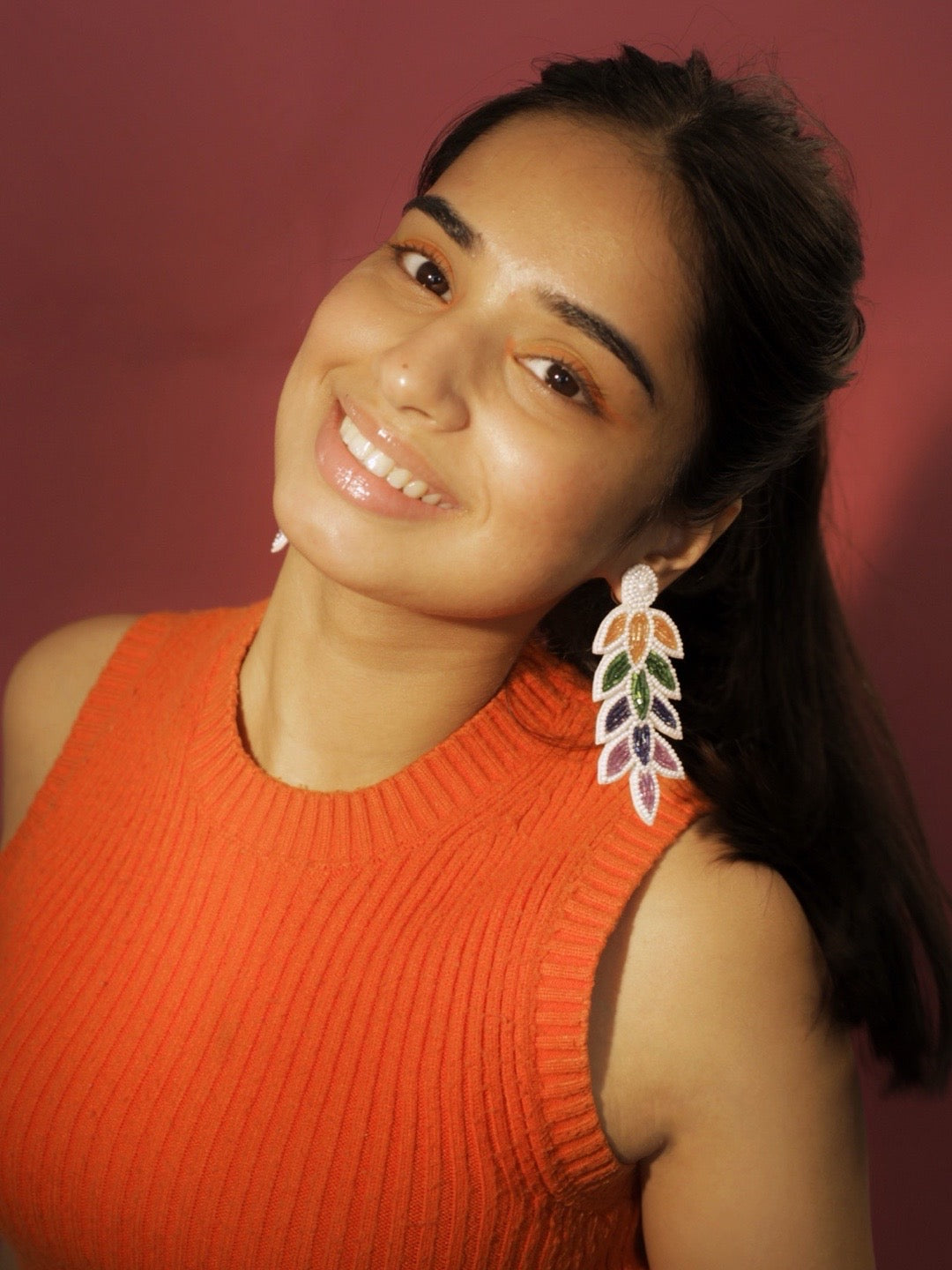 Colourful Beaded Leaf Flower Dangler Earring