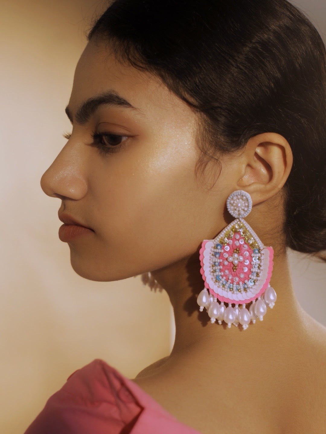 Hot Pink Beaded Drop Earring With Pearls Hot Pink Beaded Drop Earring With Pearls