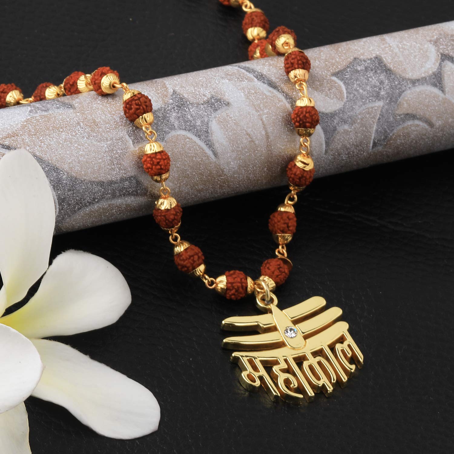 Gold-Plated Brown Beads Brass Lord Shiva Mahakal Locket Wood